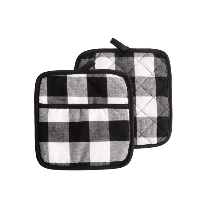 A pair of black and white quilted pot holders with a checkered pattern and a hanging loop. One features a pocket.