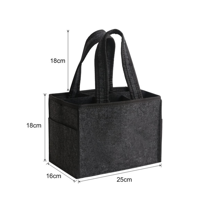 A felt wine tote bag in dark grey with two handles and multiple compartments. Features measurements on the side.
