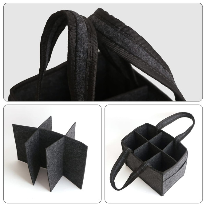 A black felt wine tote bag, featuring six compartments and two sturdy handles for easy carrying.