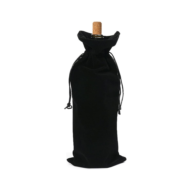 A drink bottle bag in black flannel with a drawstring closure, featuring a cork top and simple design.