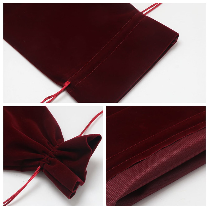 A drawstring flannel wine bottle bag in burgundy, featuring a gathered opening and matching drawstring ties.