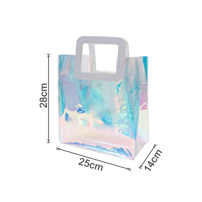 An iridescent rainbow PVC bag with a transparent handle, featuring a shimmering multi-coloured surface. Dimensions: 28cm x 25cm.