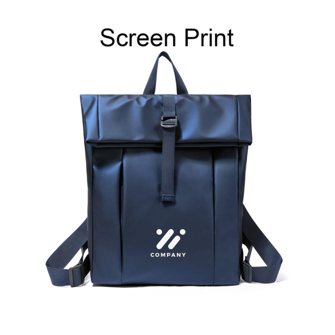 A navy blue tarpaulin roll top backpack featuring adjustable straps and a front pocket, with a branding logo displayed.