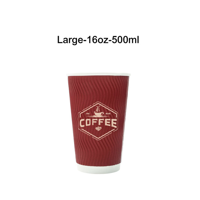 A red corrugated double wall paper cup with a logo, designed for serving hot beverages.