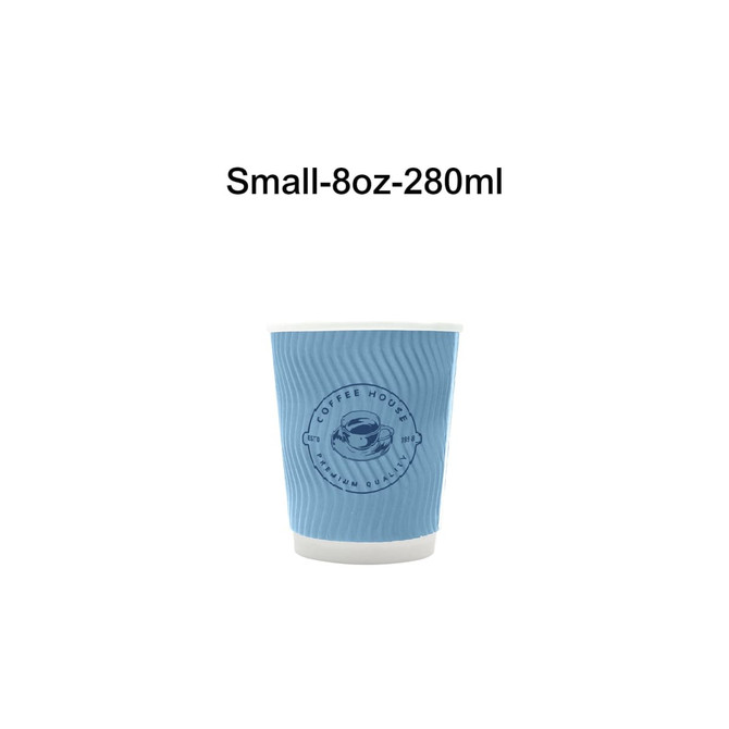 A blue corrugated paper cup with a logo, suitable for beverages, featuring a double wall design.