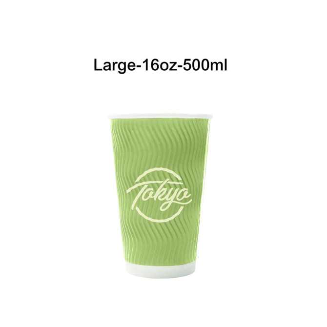 A large, green corrugated double wall paper cup with a white rim and a logo printed on the side.