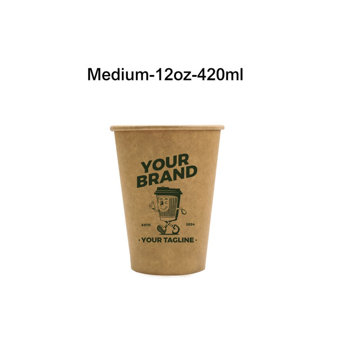 A kraft paper cup in a natural brown colour with a logo and graphic design. Holds 420ml (12oz).