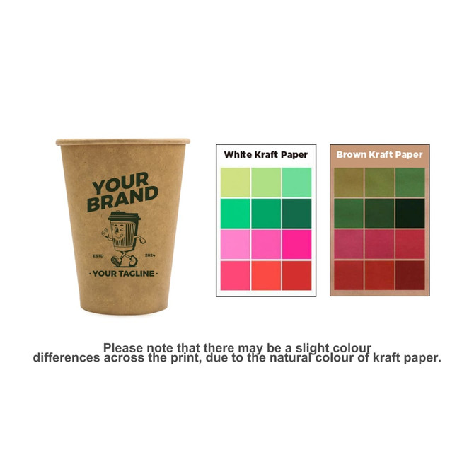 A kraft paper cup features a logo and various colour swatches on the side, showcasing different shades of kraft paper.