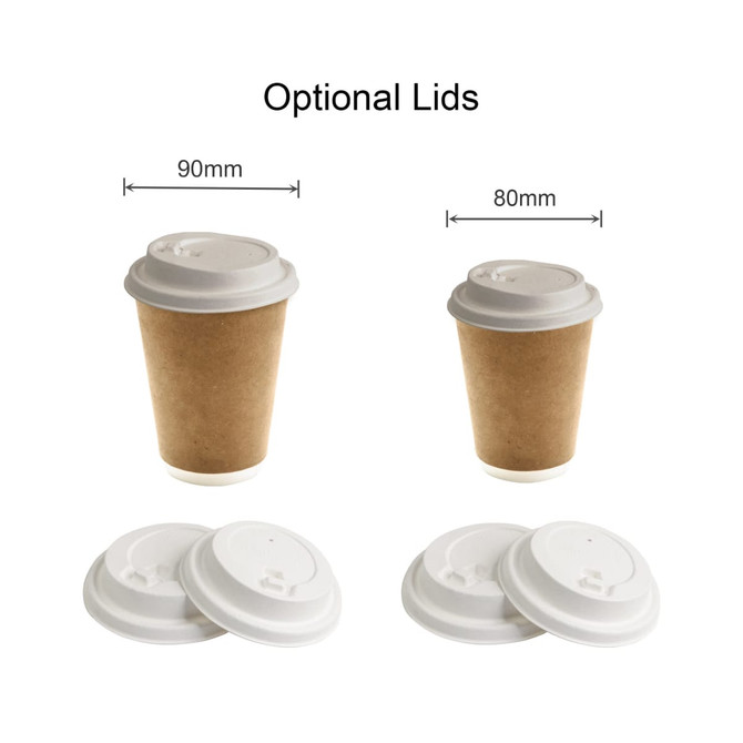 A set of custom disposable double wall kraft paper cups in brown, featuring optional white lids.