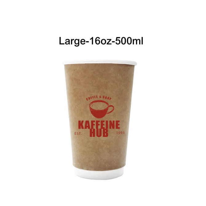 Home compostable double wall kraft paper cup in brown with a white rim and a logo. Holds 500ml.