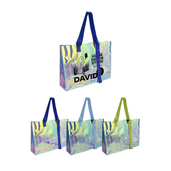 A colourful transparent PVC tote bag with blue handles, available in multiple shades, featuring a logo.
