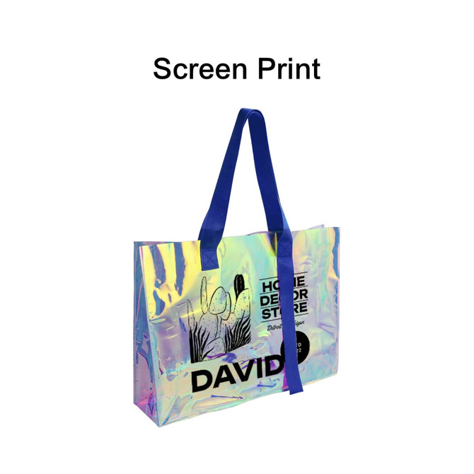 A colourful transparent PVC tote bag with blue straps and a branding logo on the front.