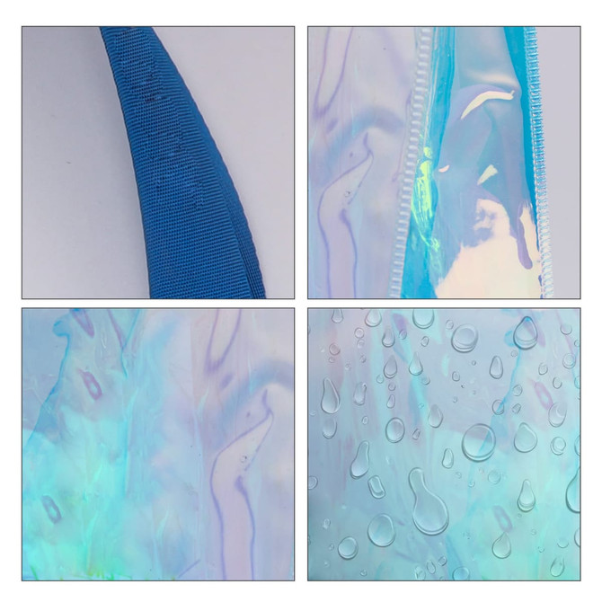 A colourful transparent PVC tote bag features a blue strap and a shiny, iridescent surface with water droplets.
