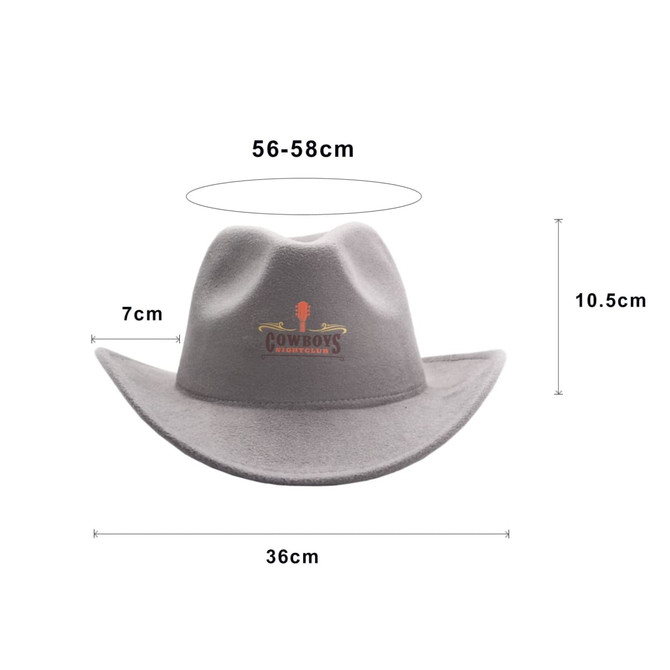 A grey felt cowboy hat with a wide brim and a branded logo, measuring 36 cm wide and 10.5 cm tall.
