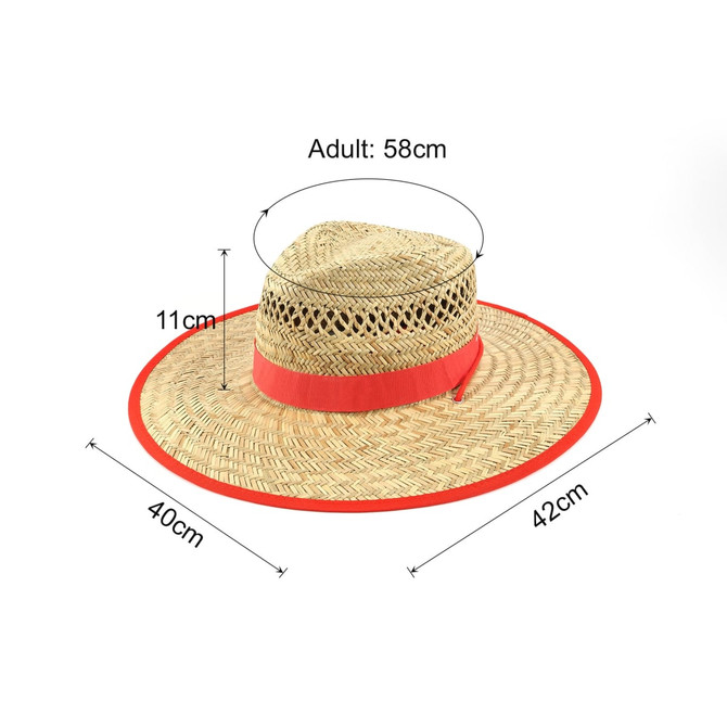 A straw hat with a wide brim, featuring a red band and natural straw colour. Includes measurement details.