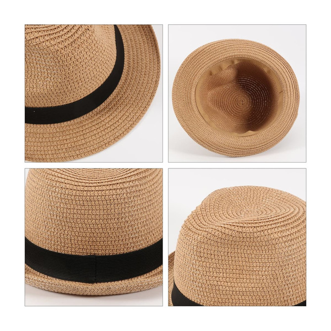 A tan string straw hat featuring a black band, shown from multiple angles, including the interior view.