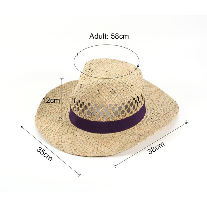 A cowboy straw hat in natural straw colour with a purple band, featuring measurements for size.