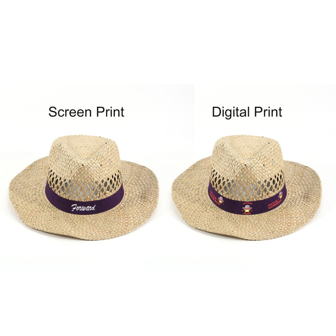 A cowboy straw hat in natural tones with a wide brim and decorative band, featuring logos on the band.