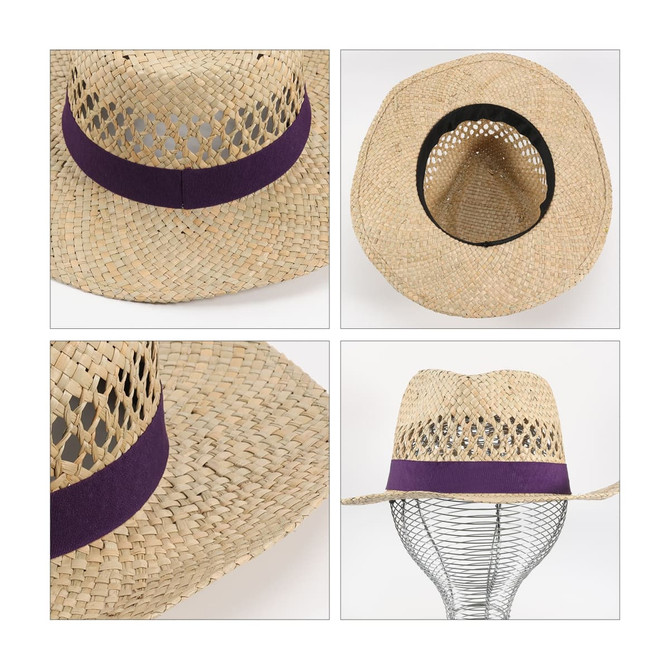 A straw cowboy hat in natural colour with a purple band, featuring an open weave design and a round crown.