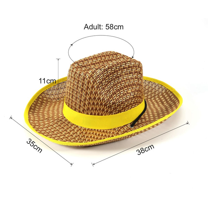 A Western straw hat featuring a brown woven design and a bright yellow brim with a black adjustment strap.