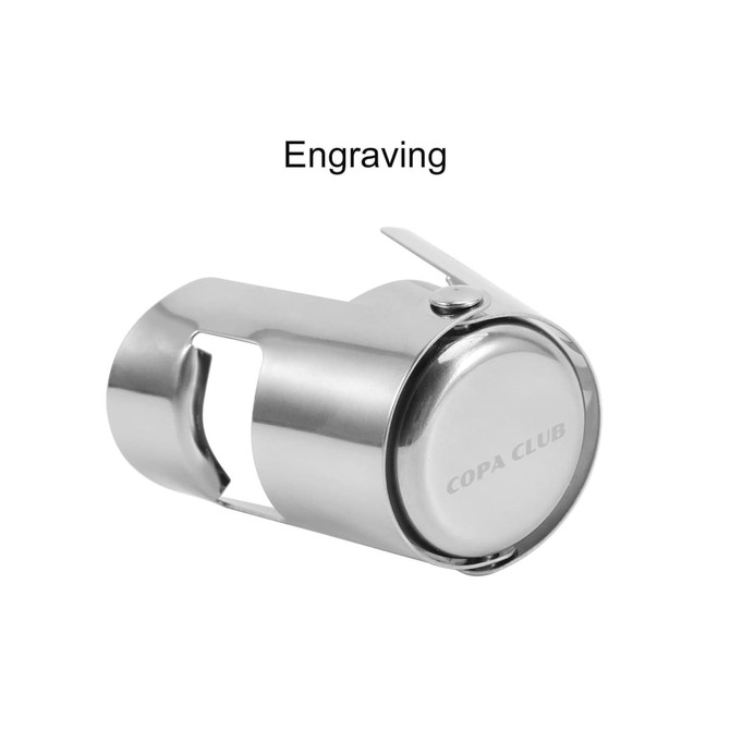 A stainless steel champagne stopper with a circular base and engraving, featuring a polished finish.