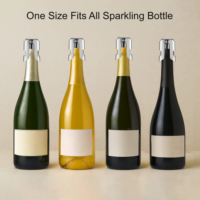 A selection of sparkling wine bottles in green, yellow, and black, each fitted with a stainless steel champagne stopper.