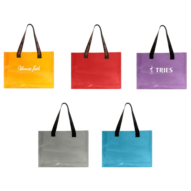 A set of five colourful clear tote bags in orange, red, purple, grey, and blue, featuring black handles and logos.