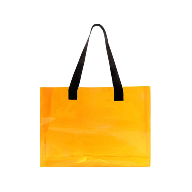 An orange clear tote bag with black handles, featuring a simple design and a logo.