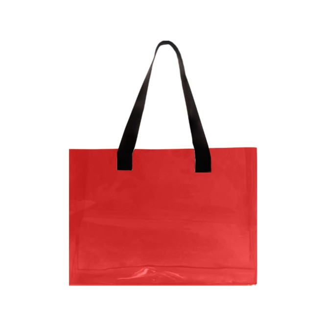 A red PVC clear tote bag with black handles, featuring a simple design and a logo.