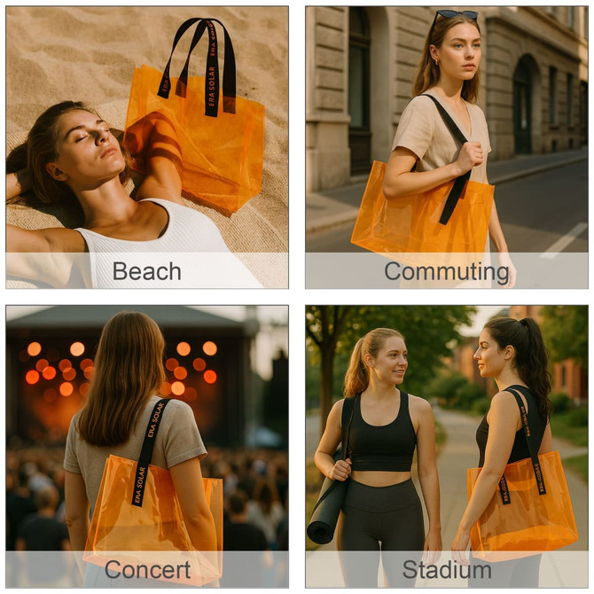 A transparent orange tote bag with black handles, displayed in various outdoor settings.