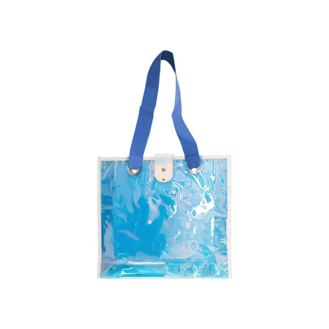 An iridescent clear tote bag with blue straps and a snap closure, perfect for versatile use.