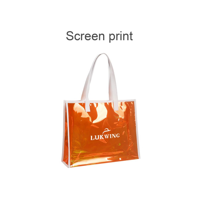 An orange PVC handbag with transparent sides and white handles, featuring a logo on the front.