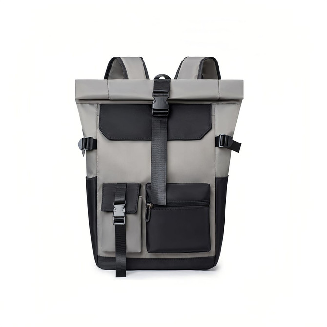 A roll-top backpack in grey and black, featuring multiple pockets and adjustable straps, with a logo on the front.