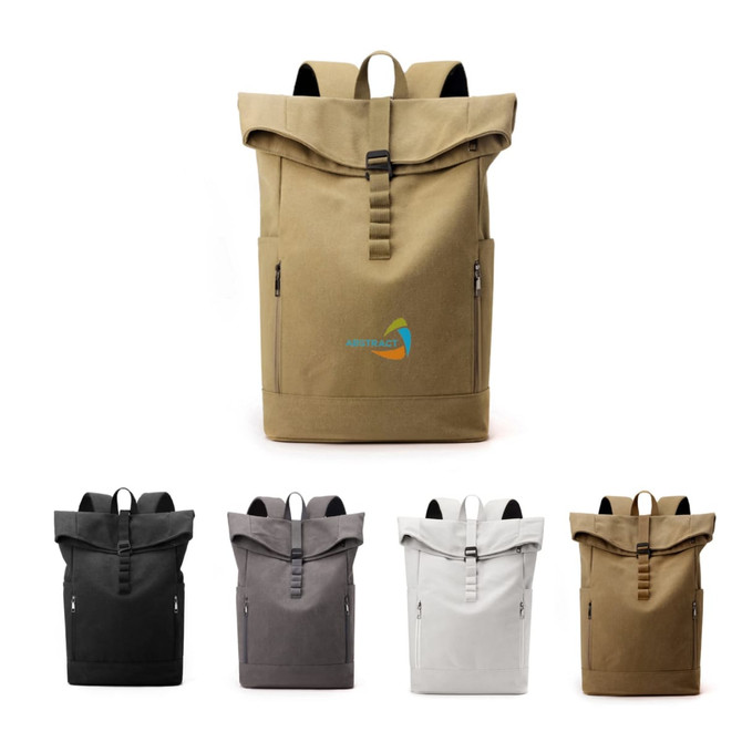 A roll-top vintage backpack in khaki, with black, grey, white, and brown variations, featuring a logo and multiple zippers.