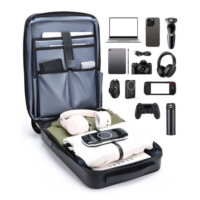 An expandable hardshell backpack in dark blue with compartments for tech items, clothing, and accessories.