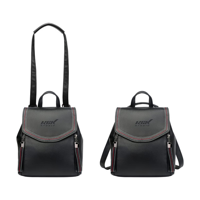 A black convertible leather backpack with adjustable straps and a logo, featuring a front flap and zippered pockets.