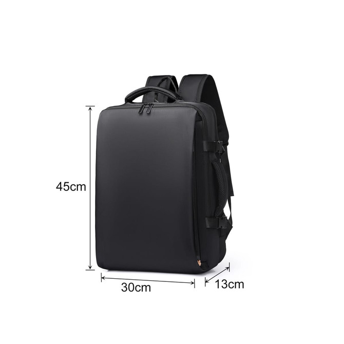 A black travel backpack with a sleek design, featuring adjustable straps and a handle. It has a logo on the front.