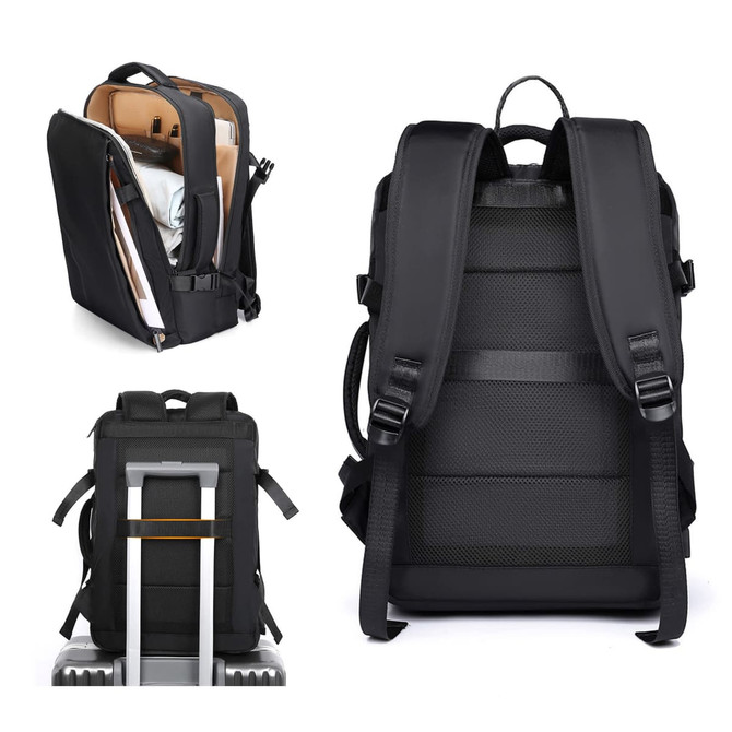A black travel backpack with multiple compartments, padded straps, and a logo. Features a sleek design for easy transport.