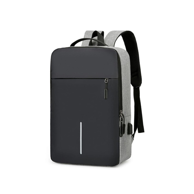 A laptop backpack in grey and black featuring a USB charging port and a sleek design with a front pocket and zippers.