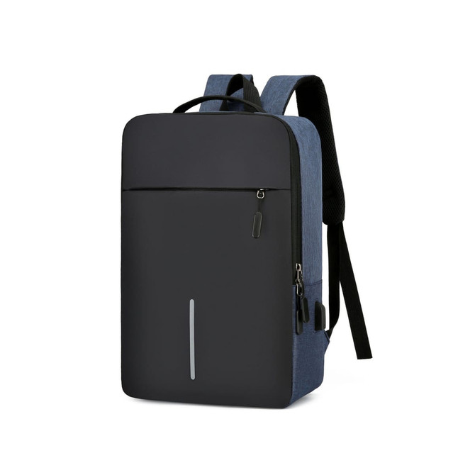 A blue and black laptop backpack featuring a USB charging port, smooth surface, and adjustable straps.