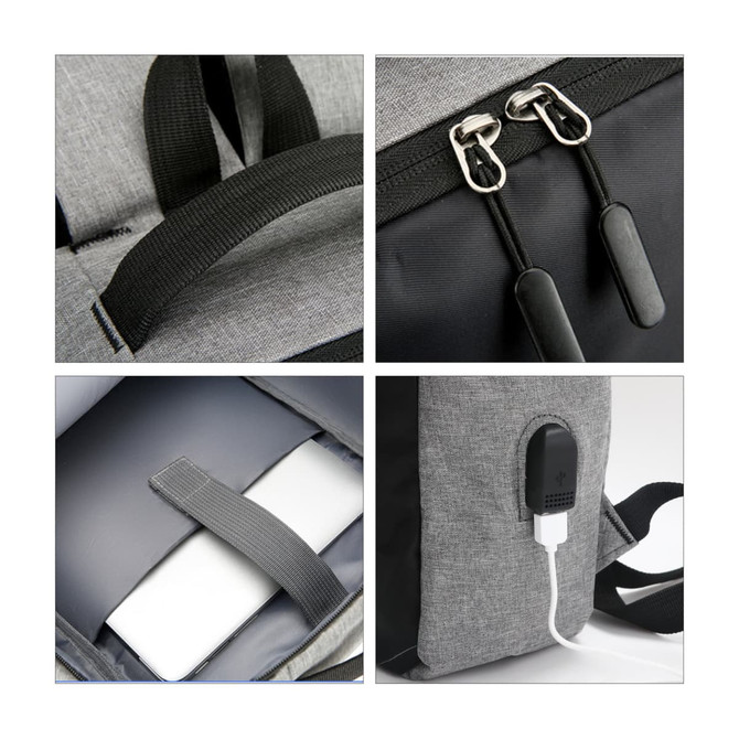 A grey laptop backpack with black accents features dual zippers, a USB charging port, and a padded compartment for a laptop.