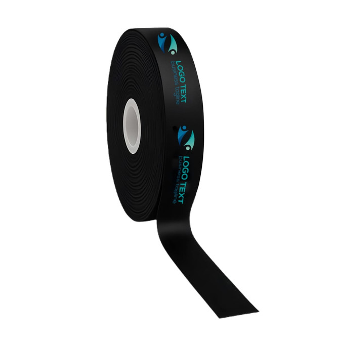 A roll of black satin polyester ribbon features a logo and text printed in full colour along the edge.