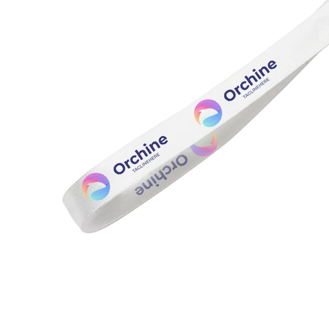 A white satin polyester ribbon with colourful branding and a logo displayed prominently.