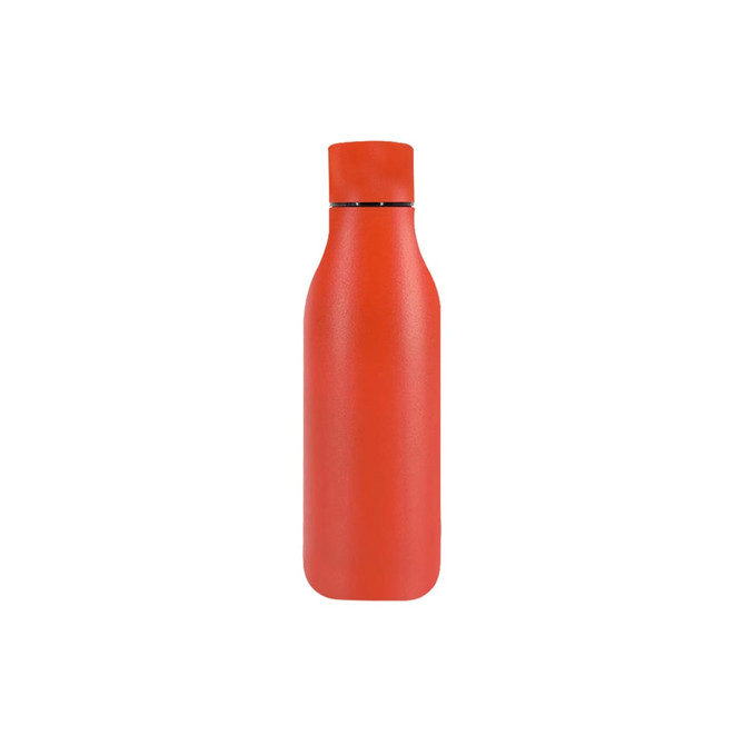 A drink bottle in bright red with a sleek, matte finish and a black lid. It features a logo on the surface.
