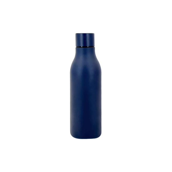 A drink bottle in navy blue, featuring a sleek, thermal design and a logo on the body.