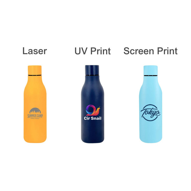 A drink bottle collection featuring an orange, navy blue, and light blue thermal powder painted design, each with logos.