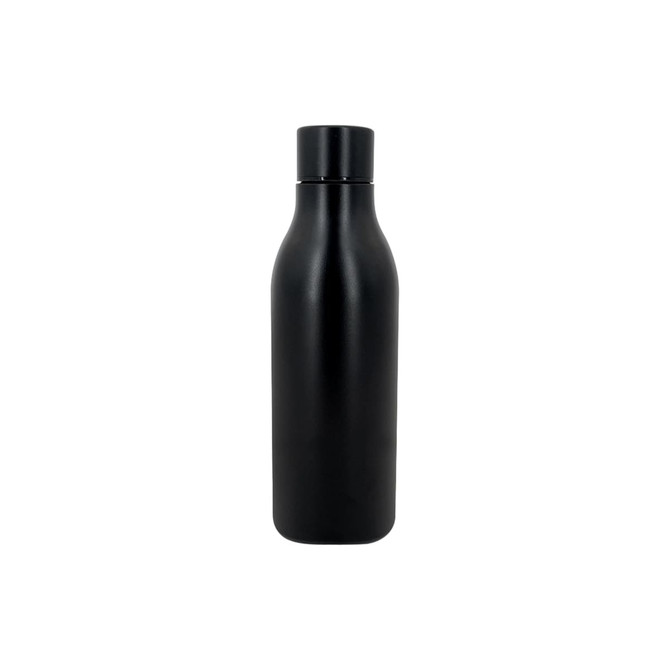 A drink bottle in matte black finish, featuring a sleek design and a screw-on lid, with branding visible.