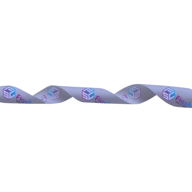 A satin polyester ribbon featuring full-colour prints in shades of purple and blue, with a logo design.