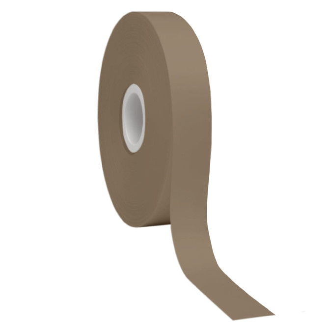 A roll of satin polyester ribbon in a light brown shade, featuring a central white core and smooth finish.