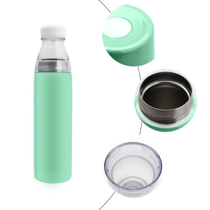 A drink bottle in mint green with a clear lid and stainless steel interior. It has a logo on the surface.